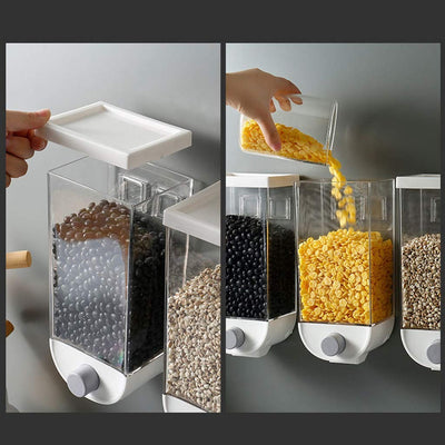 Wall-mounted Dry Food Dispensers For Organized Kitchens, Featuring Clear Containers Feed Design For Cereals, Grains, And Beans.