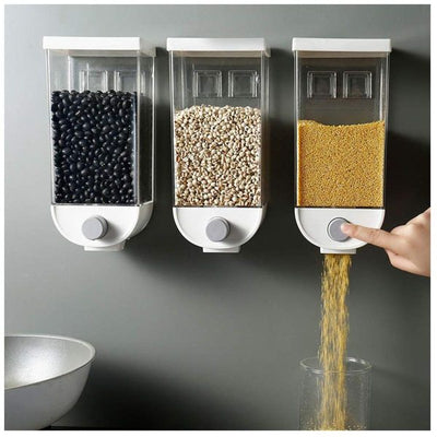 Wall-mounted Dry Food Dispensers For Organized Kitchens, Featuring Clear Containers Feed Design For Cereals, Grains, And Beans.